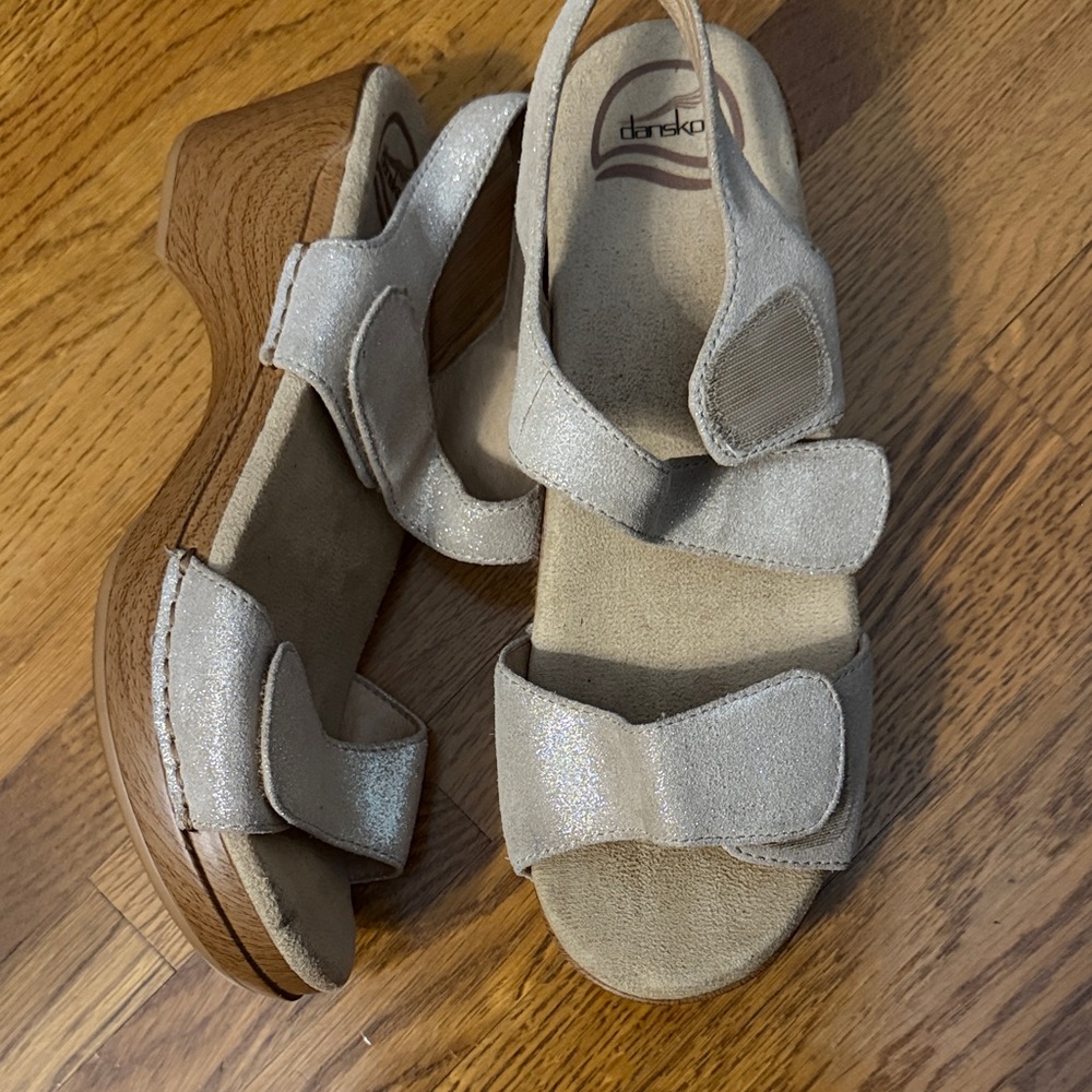 Dansko Shimmery Beige Suede Wedge Sandals